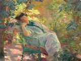painting of a woman laying on a bench in the shade