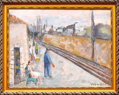 a painting of a man walking down the street