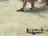 an oil painting of a man riding a horse in the snow