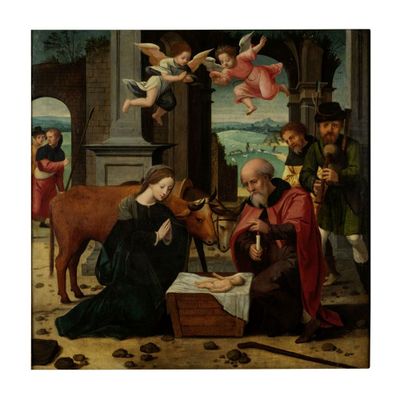 une image représentant une peinture de la Nativité avec des anges et un cheval
