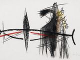 drawing of a black and white drawing of a boat with a red line