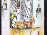 a painting on the wall of a room with a table and vases