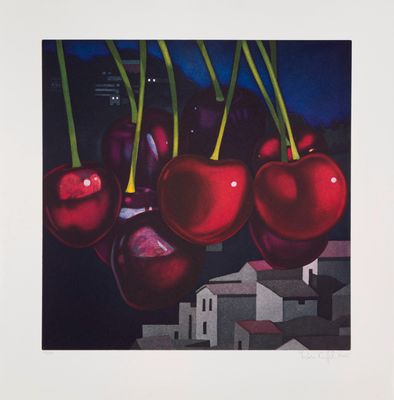 painting of a bunch of cherries hanging from a tree in a city