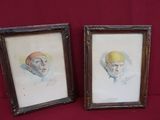 two framed portraits of a man and a woman on a red background