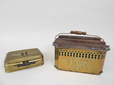 pair of antique brass sewing boxes with handles and latches