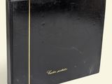 a close up of a black binder with a gold line on it