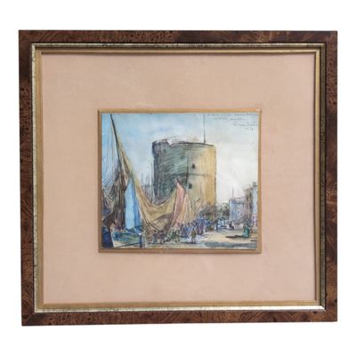 an image of a painting of boats in a harbor with a castle in the background