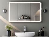 a white sink sitting under a large mirror in a bathroom