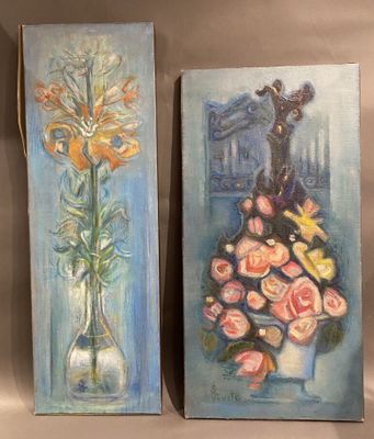 un tableau représentant un vase de fleurs et un tableau représentant un oiseau dans un vase