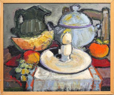 a painting of a tea pot and a plate on a table