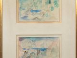 tableau composé de deux aquarelles représentant des chevaux dans un paysage enneigé, avec des montagnes en arrière-plan