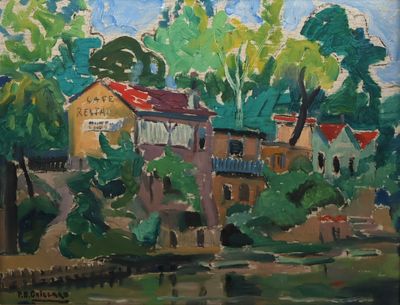 tableau représentant une maison au bord d'une rivière, avec des arbres en arrière-plan