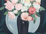 a painting of roses in a vase on a table