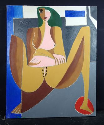 tableau représentant une femme assise sur une chaise, les jambes croisées