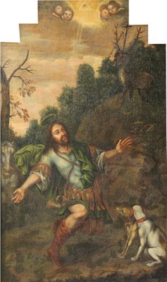 une image représentant un tableau où l'on voit un homme avec un chien dans un champ