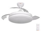 a white ceiling fan with a remote control in front of it