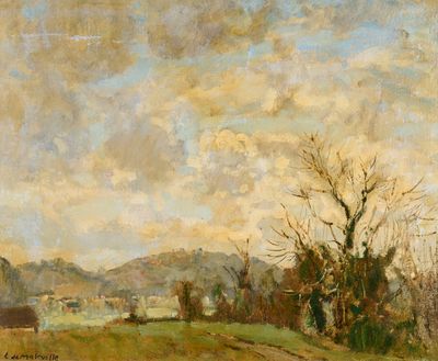 une image représentant un tableau montrant un champ avec des arbres et des collines en arrière-plan