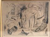 drawing of a group of people playing instruments in a room