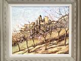 a painting of a landscape with trees and a hill in the background