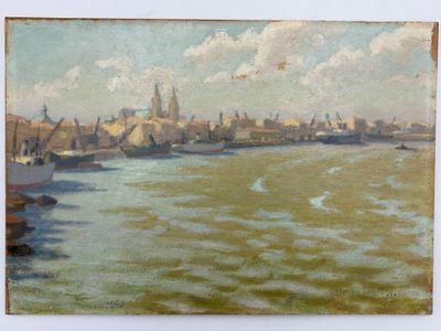 un tableau représentant une vue de la ville depuis l'eau