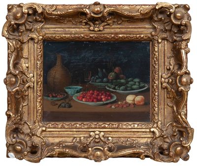 tableau représentant une nature morte avec des fruits sur une table et un panier de pommes