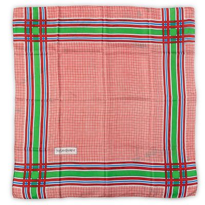 a pink and green plaid handkerchief with red, white, and blue stripes