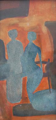 a painting of two people sitting on a bench
