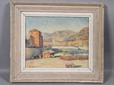 an oil painting of a view of a town with a river in the foreground