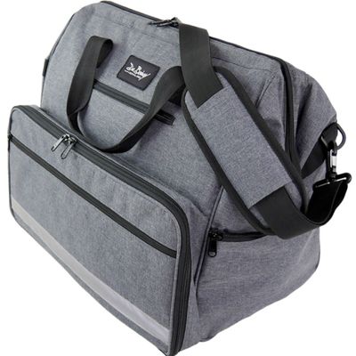 the duffel bag is grey and has a black strap