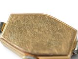 a close up picture of a gold locke on a white surface