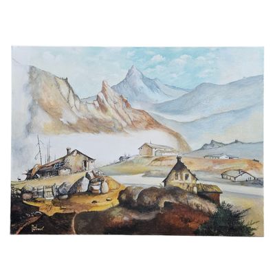 une image représentant un tableau représentant un paysage de montagne avec un village au loin