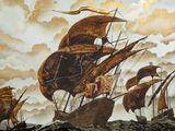 a painting of a pirate ship sailing in the ocean