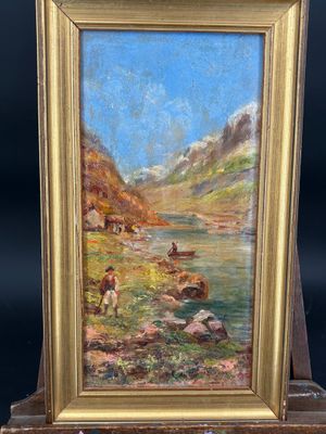 an oil painting of a mountain scene with cattle by a river