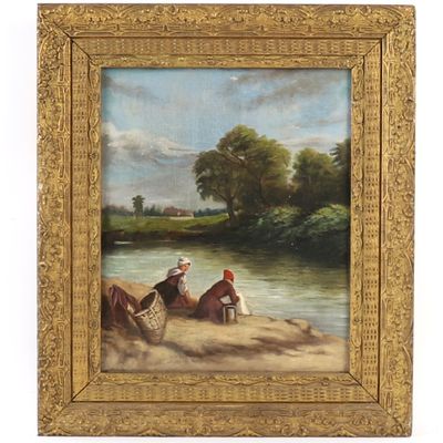 une peinture à l'huile représentant deux personnes assises au bord d'une rivière