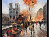 tableau représentant une scène de rue avec des passants marchant sous la pluie