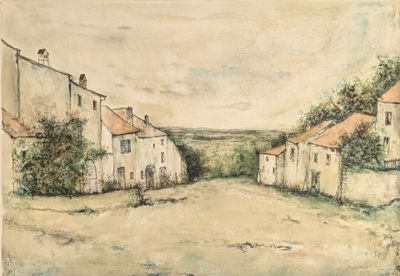 drawing of a street with houses and trees in the distance