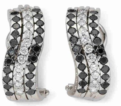 Boucles D'Oreilles EN OR Gris 18k, Diamants Noirs ET Blancs