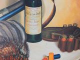 a painting of a turkey and a bottle of wine on a table