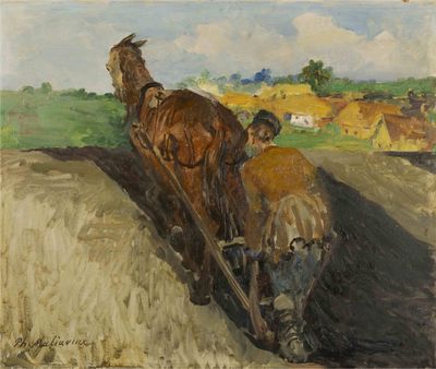 une image représentant un tableau où l'on voit un homme labourant un champ avec deux chevaux