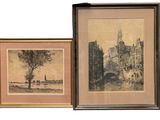 two framed pictures of buildings and a tree in front of a white background