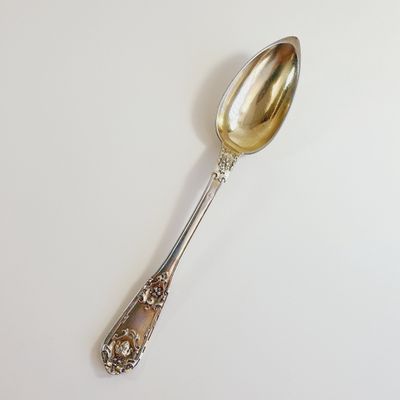 a silver spoon on a white surface with a silver handle