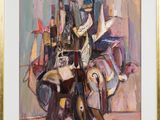 an oil painting of a man sitting on a chair next to a table