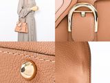 two photos of a woman holding a tan purse and a brown dress