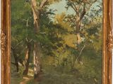 une peinture à l'huile représentant un paysage boisé avec des arbres et un sentier