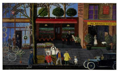 a painting of a street scene with people and a dog
