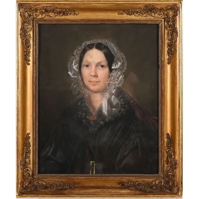 un tableau représentant une femme en robe noire et coiffe