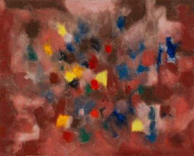 une image représentant un tableau représentant un bouquet de fleurs sur un fond rouge