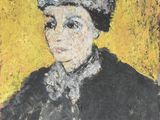 tableau représentant une femme vêtue d'un manteau noir et d'un chapeau blanc