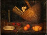 a painting of a basket of fruit and a knife on a table