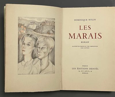 un livre ouvert sur lequel figure un dessin représentant deux femmes, avec une ville en arrière-plan